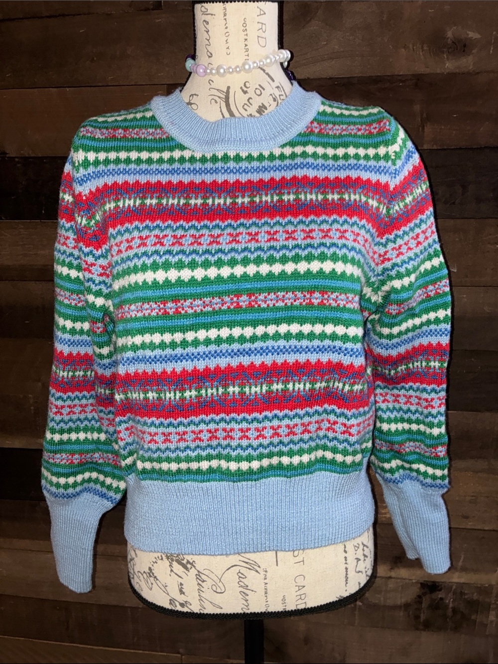 Fair Isle Crewneck Sweater in Green, Red & Light Blue - Women